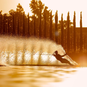 Slalom skiing at sunset