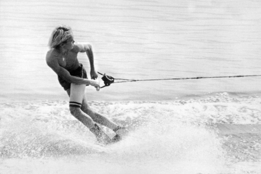 The European champion Patrice Martin performs a Trick on September 3, 1979 on the Castel Gandolfo lake.