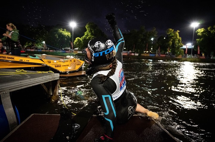 Jacinta Carroll competes in night jump at the 2023 Moomba Masters