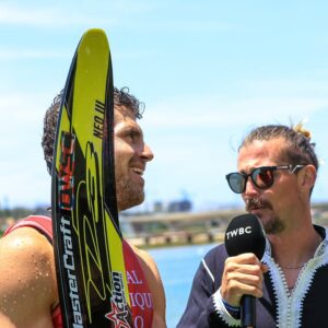 Freddie Winter is interviewed after winning the 2025 Royal Nautique Pro in Rabat, Morocco