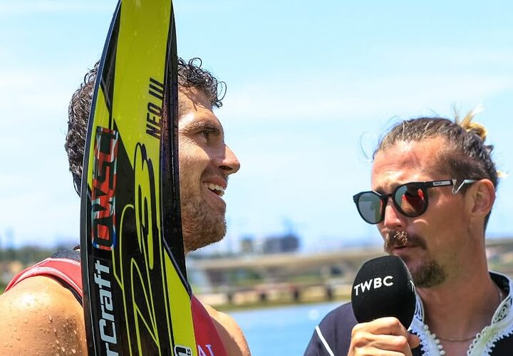 Freddie Winter is interviewed after winning the 2025 Royal Nautique Pro in Rabat, Morocco