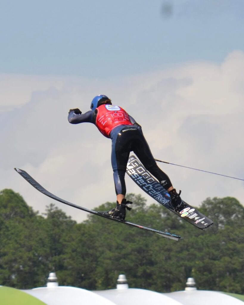Joel Poland jumps at the 2025 Masters Water Ski and Wakeboard Tournament