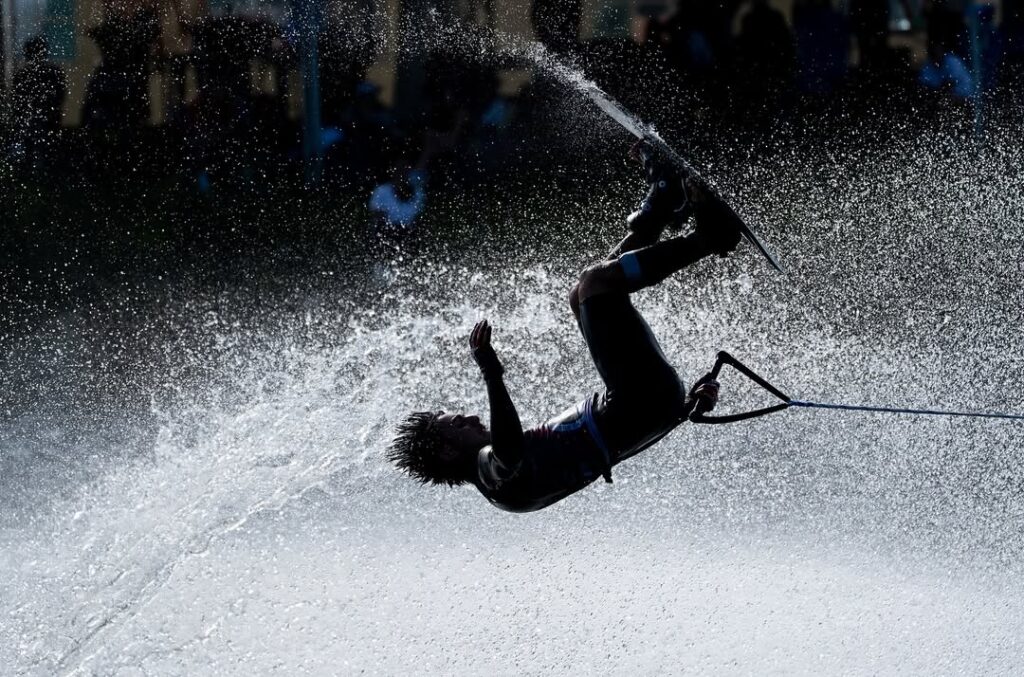Axel Garcia tricks during the IWWF U21 waterski championships at Predator Bay waterski club in Calgary, Alberta, Canada.