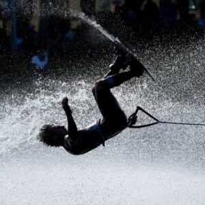 Axel Garcia tricks during the IWWF U21 waterski championships at Predator Bay waterski club in Calgary, Alberta, Canada.