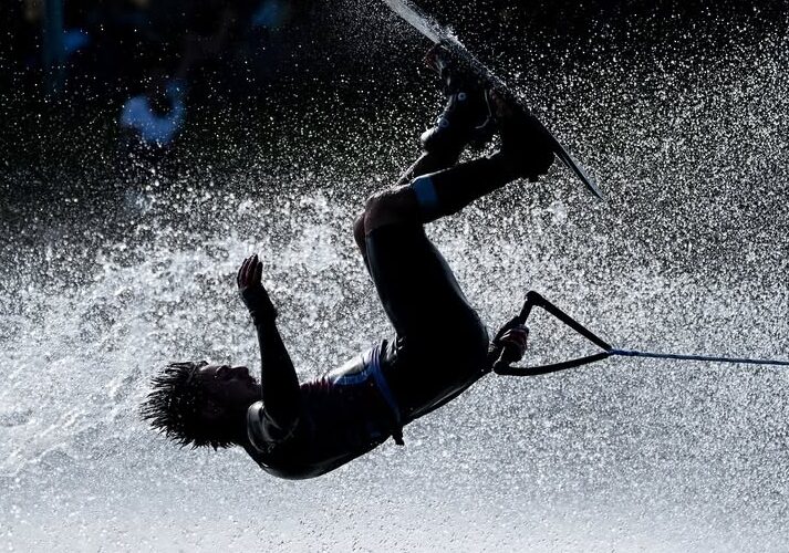 Axel Garcia tricks during the IWWF U21 waterski championships at Predator Bay waterski club in Calgary, Alberta, Canada.