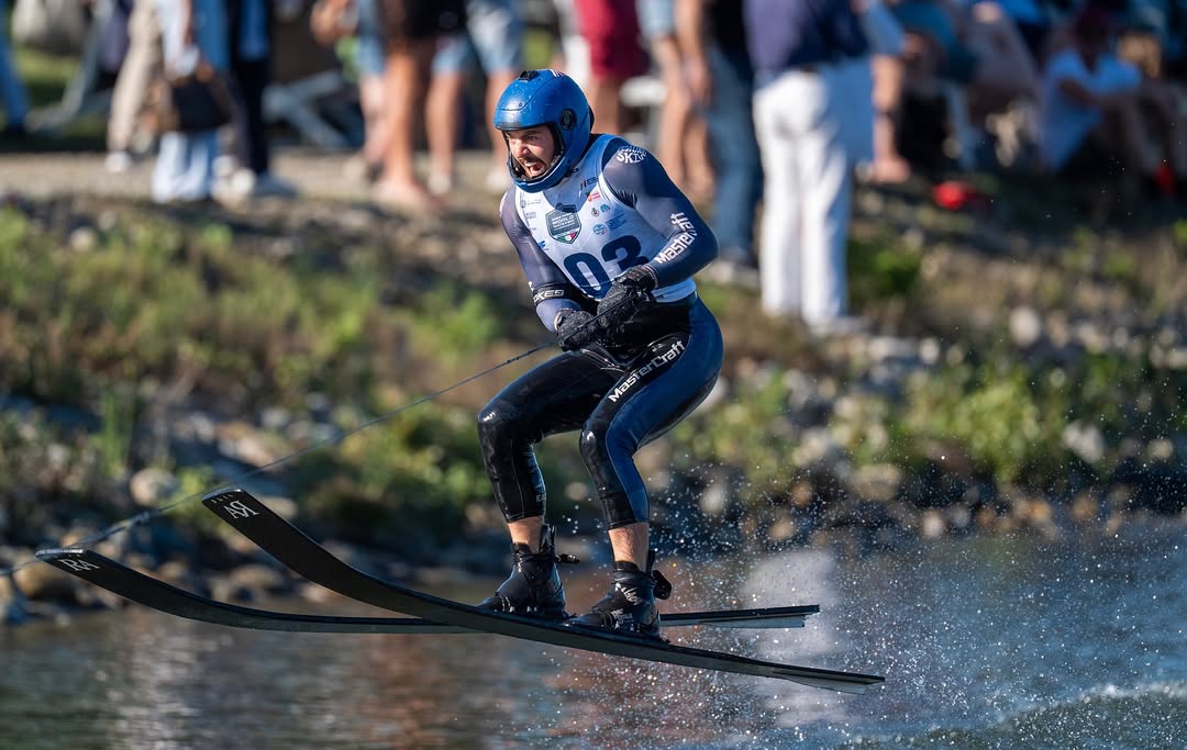 @joelpoland jumps during the 2025 IWWF World Waterski Championships at Parco Nautico del Sesia in Novara, Italy.