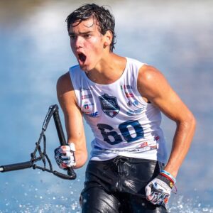 @mati.waterski of Chile tricks during the 2025 IWWF World Waterski Championships at Parco Nautico del Sesia in Novara, Italy.