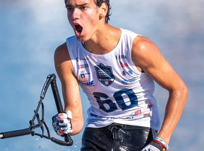 @mati.waterski of Chile tricks during the 2025 IWWF World Waterski Championships at Parco Nautico del Sesia in Novara, Italy.