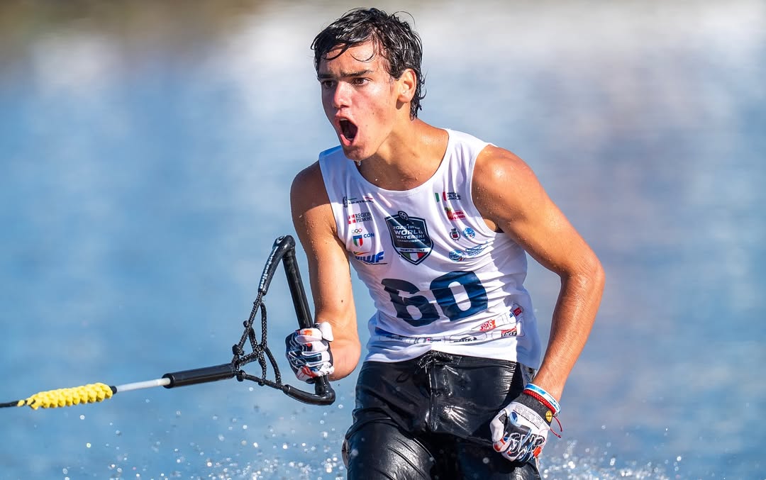 @mati.waterski of Chile tricks during the 2025 IWWF World Waterski Championships at Parco Nautico del Sesia in Novara, Italy.
