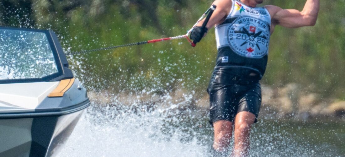 @joelpoland celebrates his slalom win during the Rocky Mountain Pro Am at @predatorbay in Calgary, Alberta, Canada.