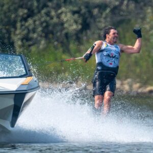 @joelpoland celebrates his slalom win during the Rocky Mountain Pro Am at @predatorbay in Calgary, Alberta, Canada.