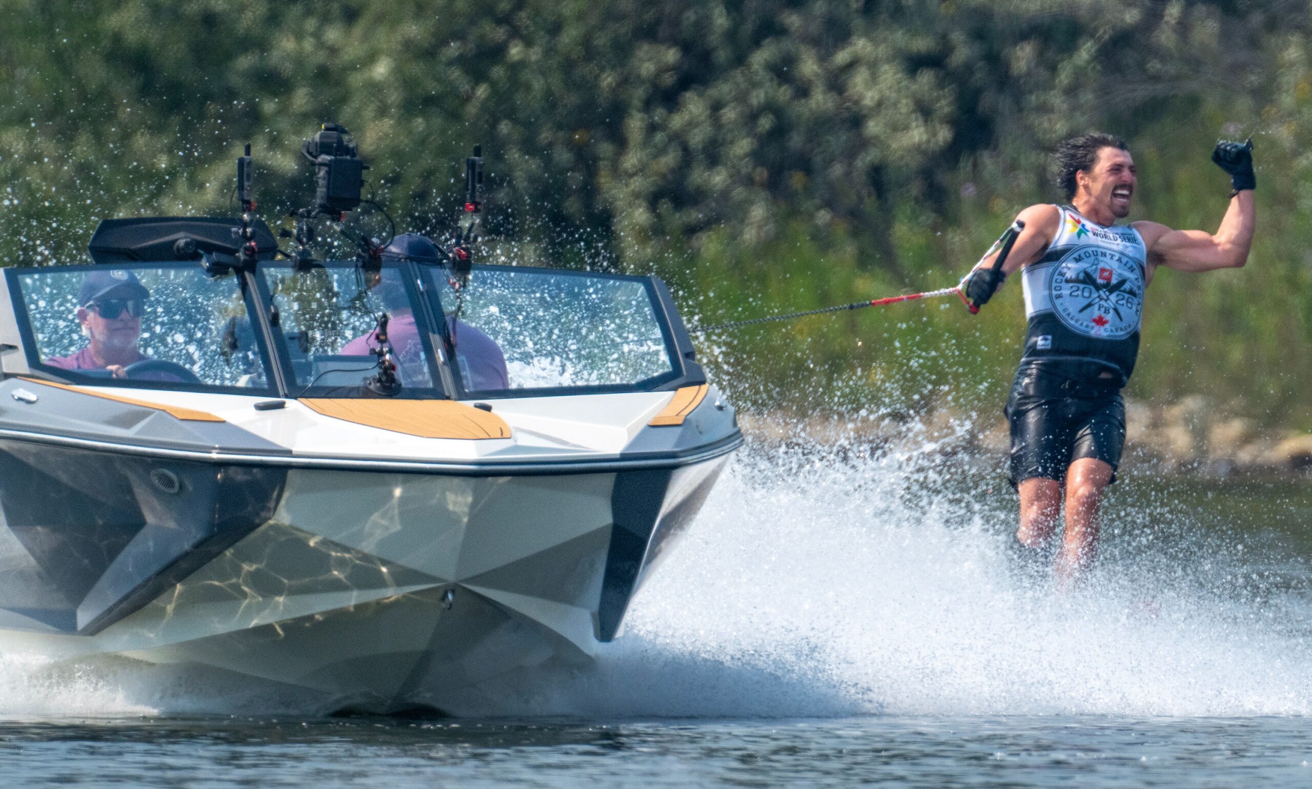 @joelpoland celebrates his slalom win during the Rocky Mountain Pro Am at @predatorbay in Calgary, Alberta, Canada.